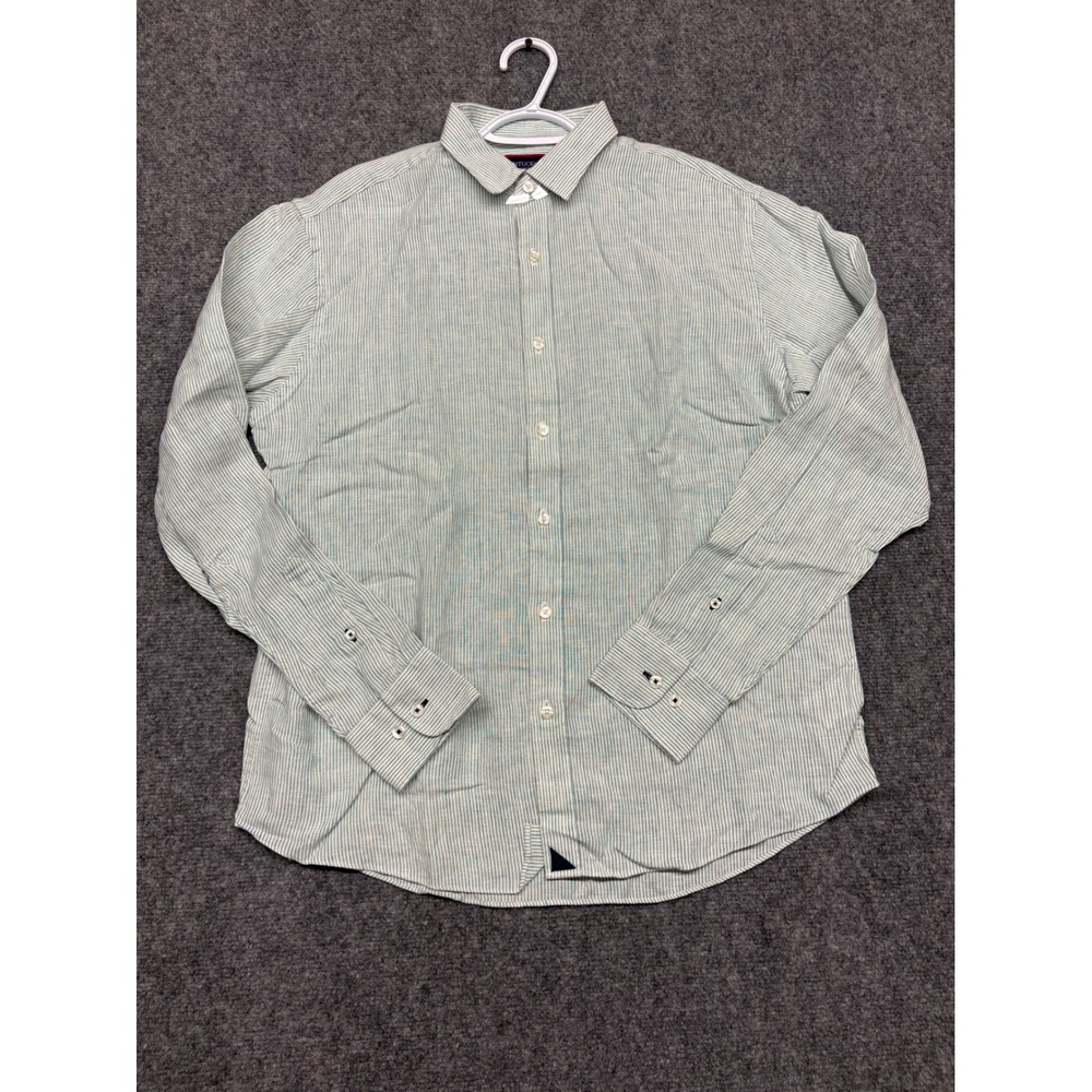UNTUCKit Tercos WR Mens Linen Shirt Green White Stripe Regular Fit Large 40447